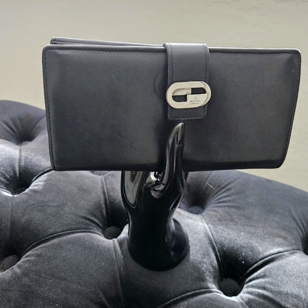Gucci Long Black Leather InterlockingG Bifold Continental Long Wallet GG